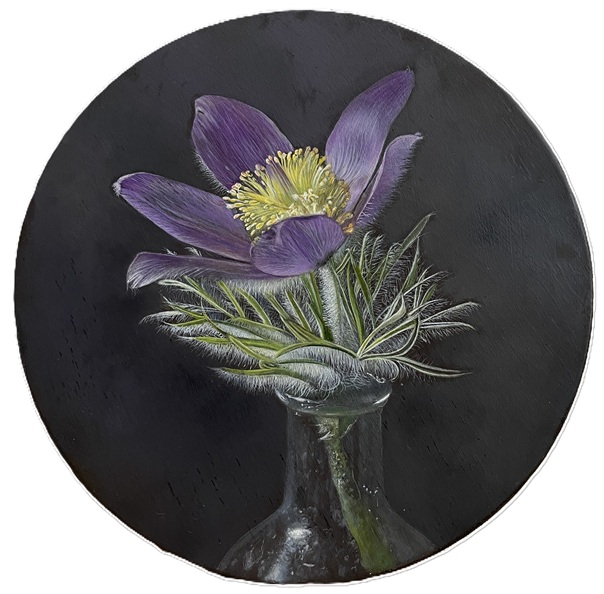 Return Of The Warrior, 2025 – Botanical oil painting on panel, 20 cm diameter – Ginny Page